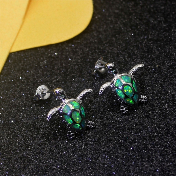 Blazing Blue Fire Opal Sea Turtle Earrings - Picture 11 of 12